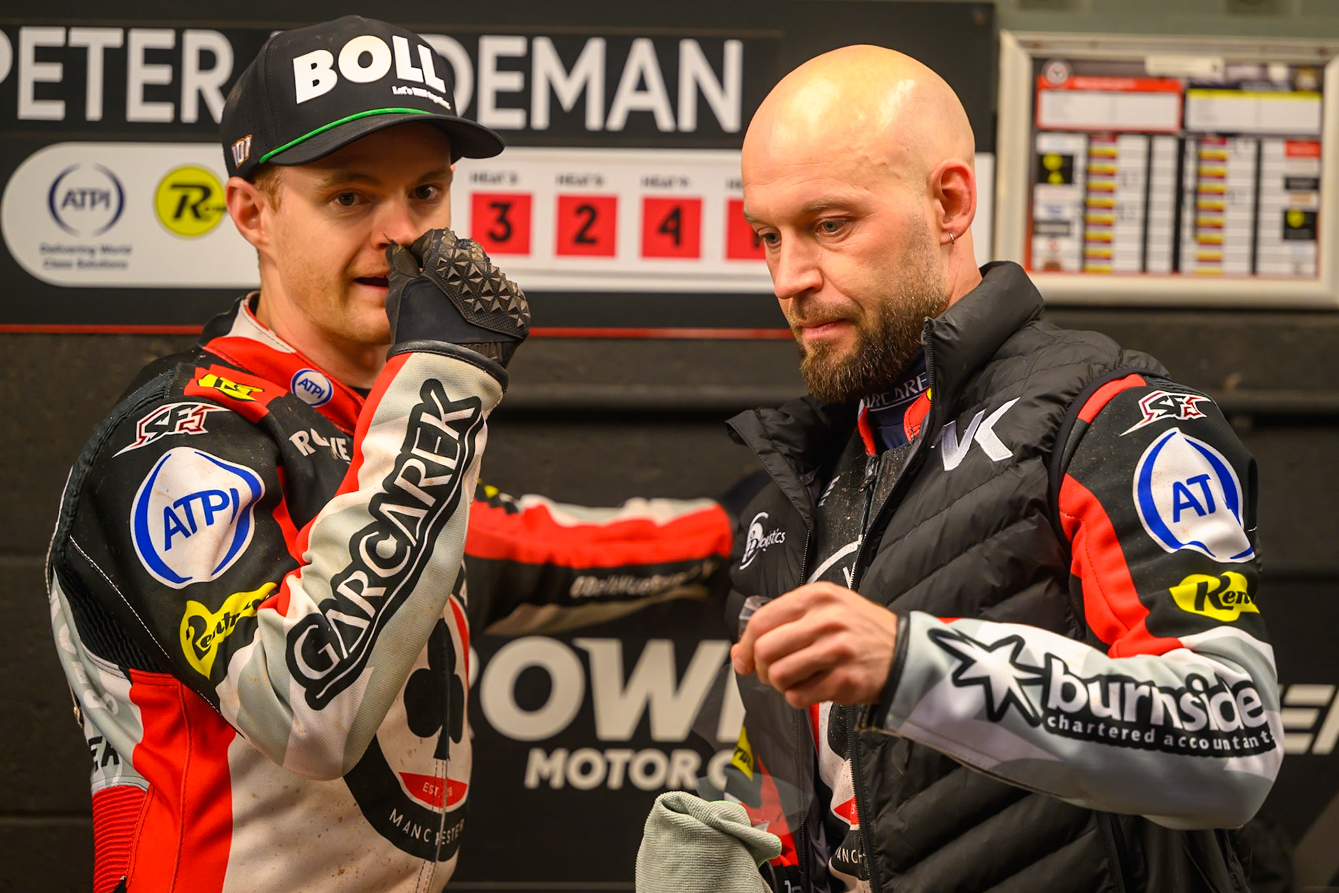 Brady Kurtz of Belle Vue Aces  (Left) chats with Nicolai Klindt, Guest Rider for Belle Vue Aces during the Rowe Motor Oil Premiership Grand Final 2nd Leg between Belle Vue Aces and Sheffield Tigers at the National Speedway Stadium, Manchester on Friday 16th October 2026. (Photo: Ian Charles | MI News)