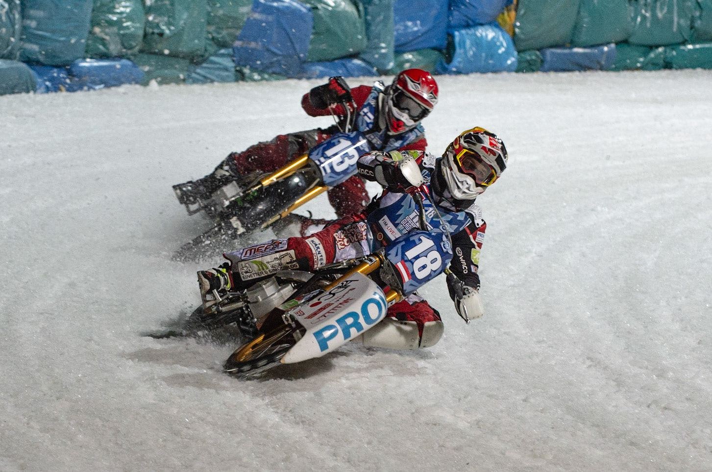 BERLIN GERMANY  - February 29  Charly Ebner (Yellow) leads Matti Isoaho (Red)  during theIce Speedway of Nations (Day 1) at the Horst-Dohm-Eisstadion, Berlin,  on Saturday 29 February 2020. (Credit: Ian Charles | MI News)