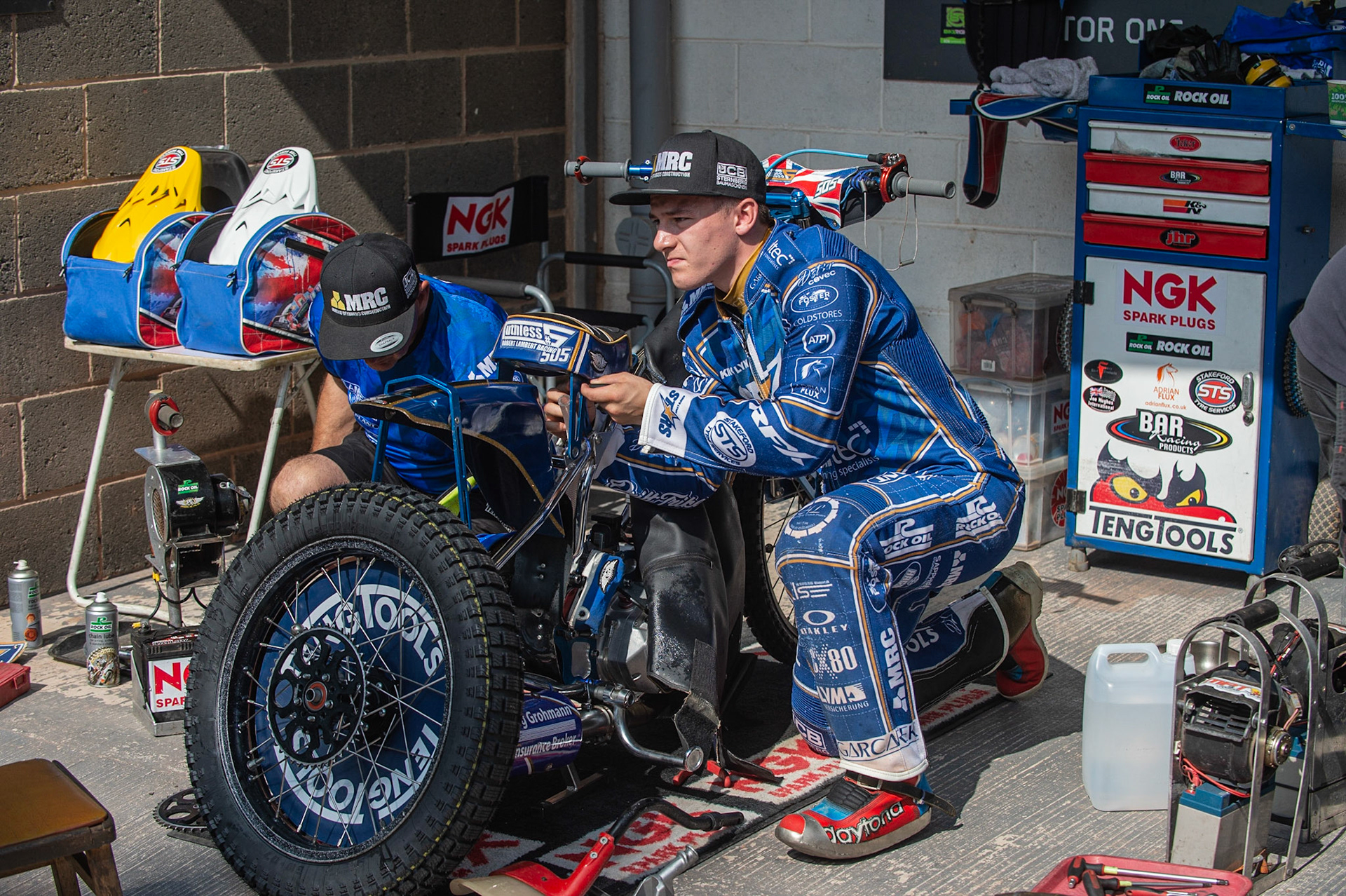 Photo: Ian Charles

Robert Lambert  works on his bike 

Belle Vue Aces v Kings Lynn Stars, British Speedway Premiership, Belle Vue National Speedway Stadium, Manchester, Monday 26  August  2019