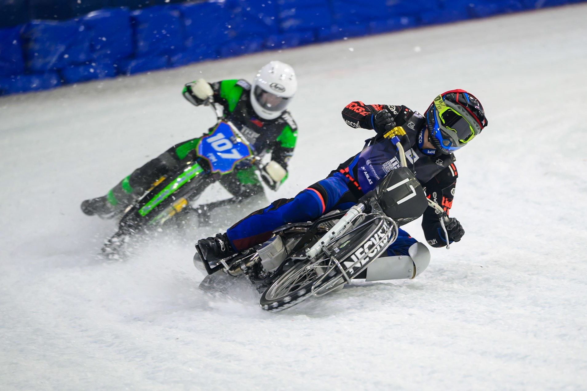 Melwyn Bjorklin (17) of Sweden in Red leading Andrej Divis (107) of Czechia in White during the FIM Ice Speedway Gladiators World Championship Final 3 at Ice Rink Thialf, Heerenveen on Saturday 11th April 2026. (Photo: Ian Charles | MI News)
