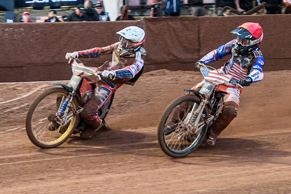 Luke Becker of the USA in Red rides inside Mathias Pollestad of Norway in White during the Monster Energy FIM Speedway of Nation Semi Final 2 at the National Speedway Stadium, Manchester on Wednesday 10th July 2024. (Photo: Ian Charles | MI News)