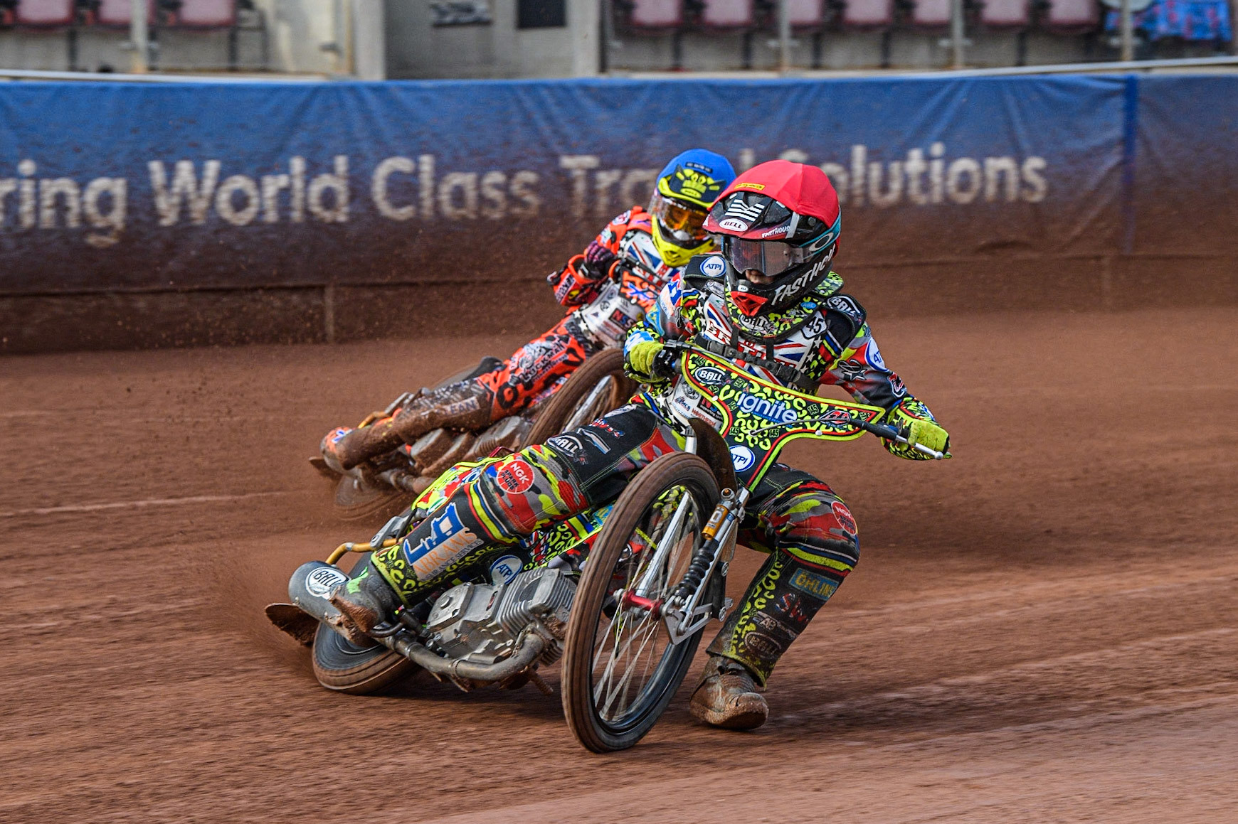 William Cairns (Red) leads Cooper Rushen (Blue) in the 250cc class during the British Youth Speedway Championships at the National Speedway Stadium, Manchester on Friday 21st July 2023. (Photo: Ian Charles | MI News)