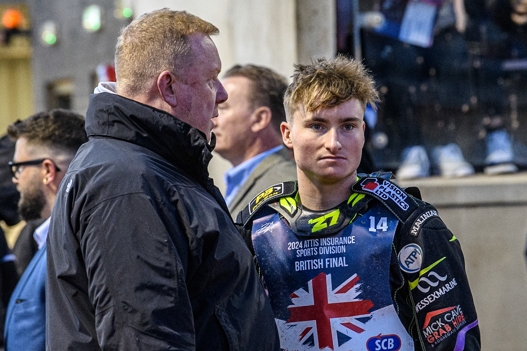 Tom Brennan (Right) checks the track with his advisor before the final during the Attis Insurance Sports Division British Speedway Championship Final at the National Speedway Stadium, Manchester on Saturday 8th June 2024. (Photo: Ian Charles | MI News)