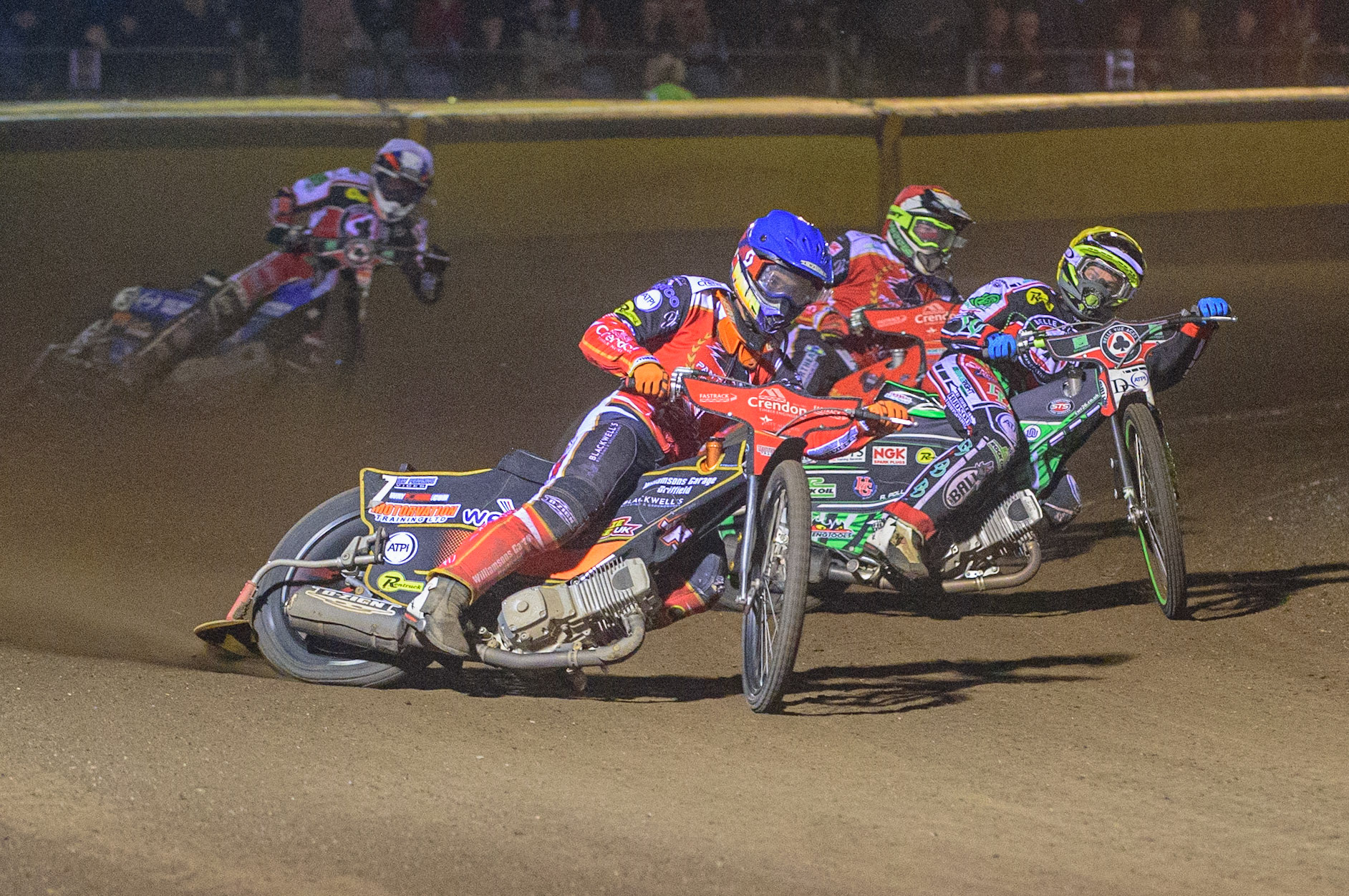 PETERBOROUGH, UK. OCT 14TH Jordan Palin  (Blue) leads Charles Wright  (Yellow) and Chris Harris  (Red) during the SGB Premiership Grand Final 2nd leg between Peterborough and Belle Vue Aces at East of England Showground, Peterborough on Thursday 14th October 2021. (Credit: Ian Charles | MI News)