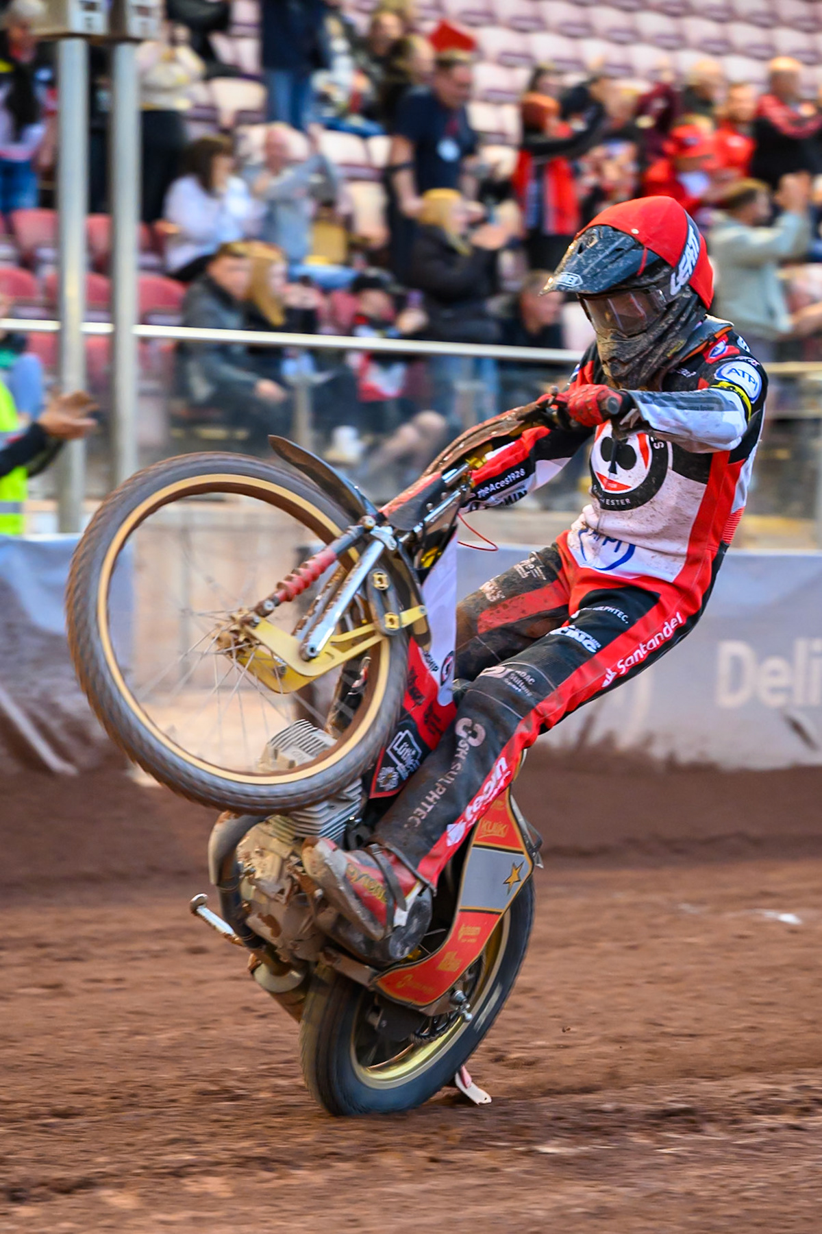 Norick Blödorn of Belle Vue Aces celebrates with a wheelie during the Rowe Motor Oil Premiership match between Belle Vue Aces and Leicester Lions at the National Speedway Stadium, Manchester on Monday 15th June 2026. (Photo: Ian Charles | MI News)