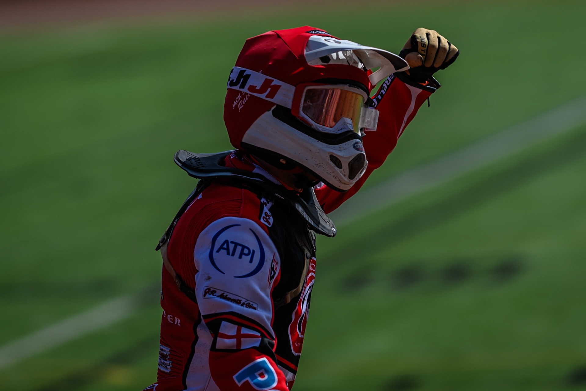 Jack Shimelt of Belle Vue Colts   celebrates his heat win during the WSRA National Development League match between Belle Vue Colts and Middlesbrough Tigers at the National Speedway Stadium, Manchester on Sunday 10th August 2025. (Photo: Mark Fletcher | MI News)