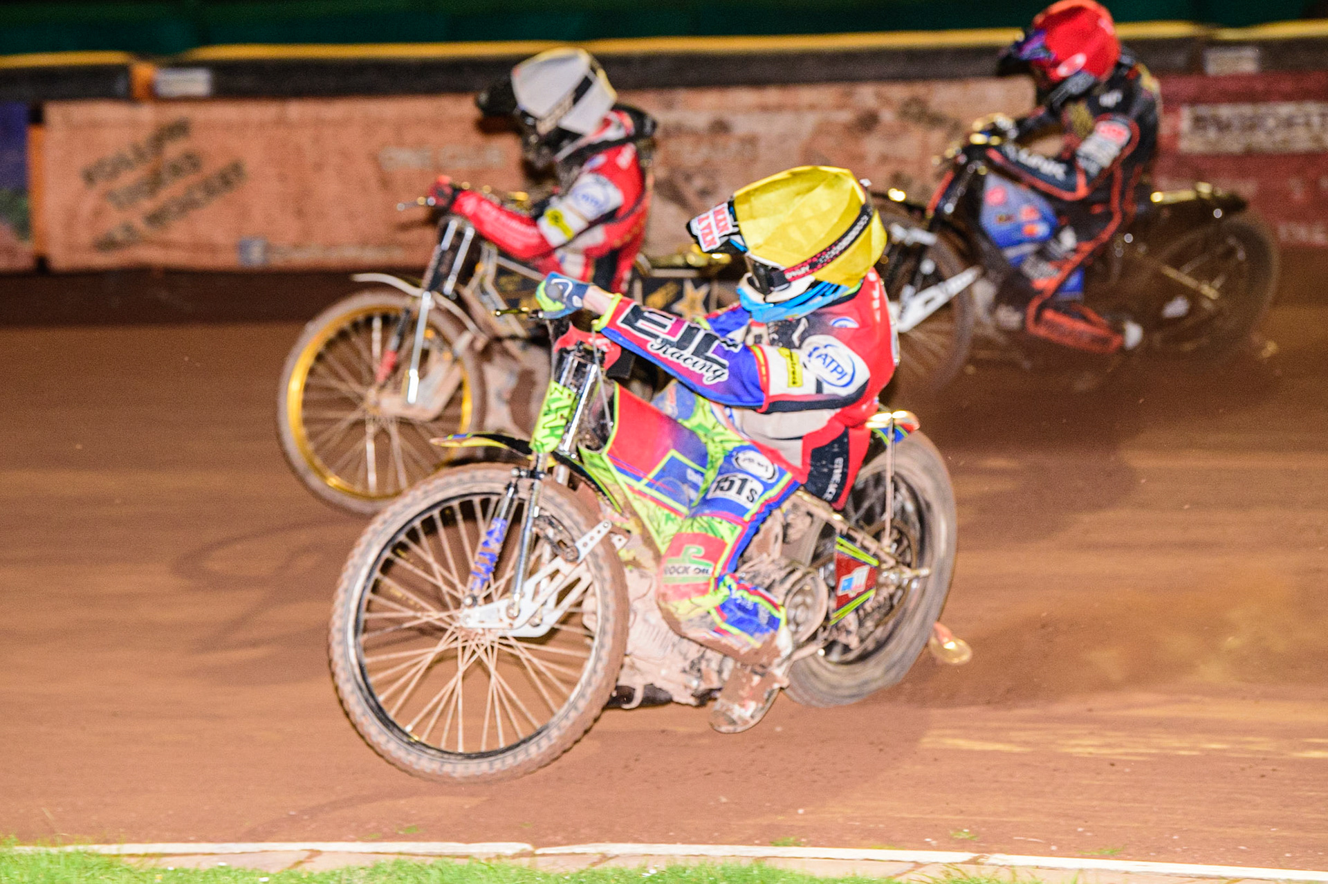 Anders Rowe  (Yellow) inside Norick Blodorn  (White) and Steve Worrall  (Red) during the SGB Premiership Knock Out Cup Quarter Final 1st Leg between Wolverhampton Wolves and Belle Vue Aces at Monmore Green Stadium, Wolverhampton on Monday 10th April 2023. (Photo: Ian Charles | MI News)