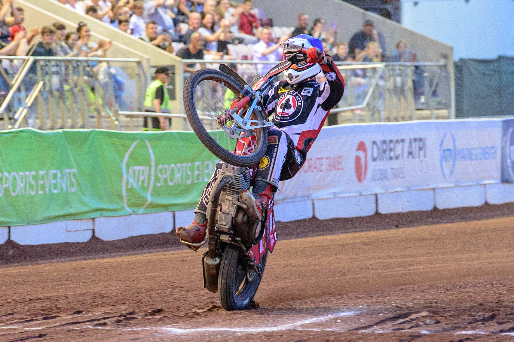 MANCHESTER UK  Max Fricke  celebrates with a wheelie during the SGB Premiership match between Belle Vue Aces and King's Lynn Stars at the National Speedway Stadium, Manchester on Monday 11th July 2022. (Credit: Ian Charles | MI News)