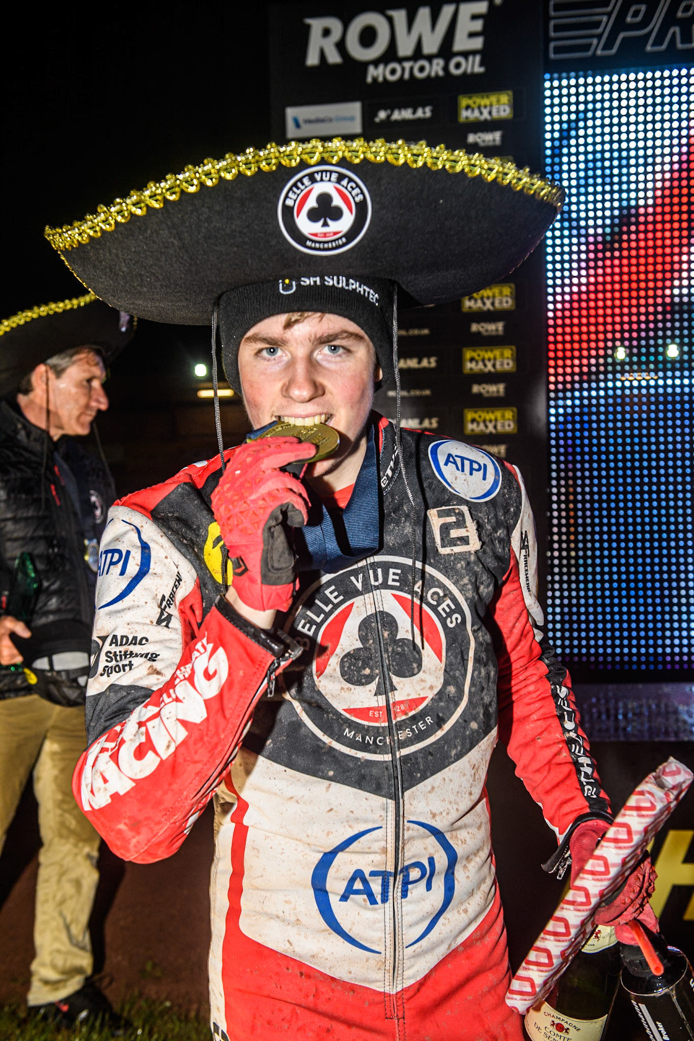 Belle Vue Aces' Norick Blodorn with his Gold Medal during the Rowe Motor Oil Premiership Grand Final 2nd Leg between Leicester Lions and Belle Vue Aces at the Pidcock Motorcycles Arena, Leicester on Thursday 26th September 2024. (Photo: Ian Charles | MI News)