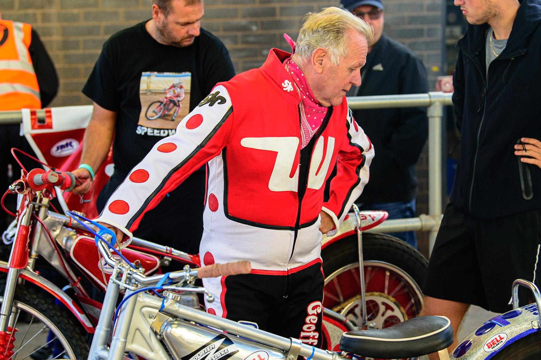 Geoff Pusey warming up the Weslake ridden by his late brother Chris during the National Development League match between Belle Vue Aces and Leicester Lions at the National Speedway Stadium, Manchester on Friday 19th August 2022. (Credit: Ian Charles | MI News)