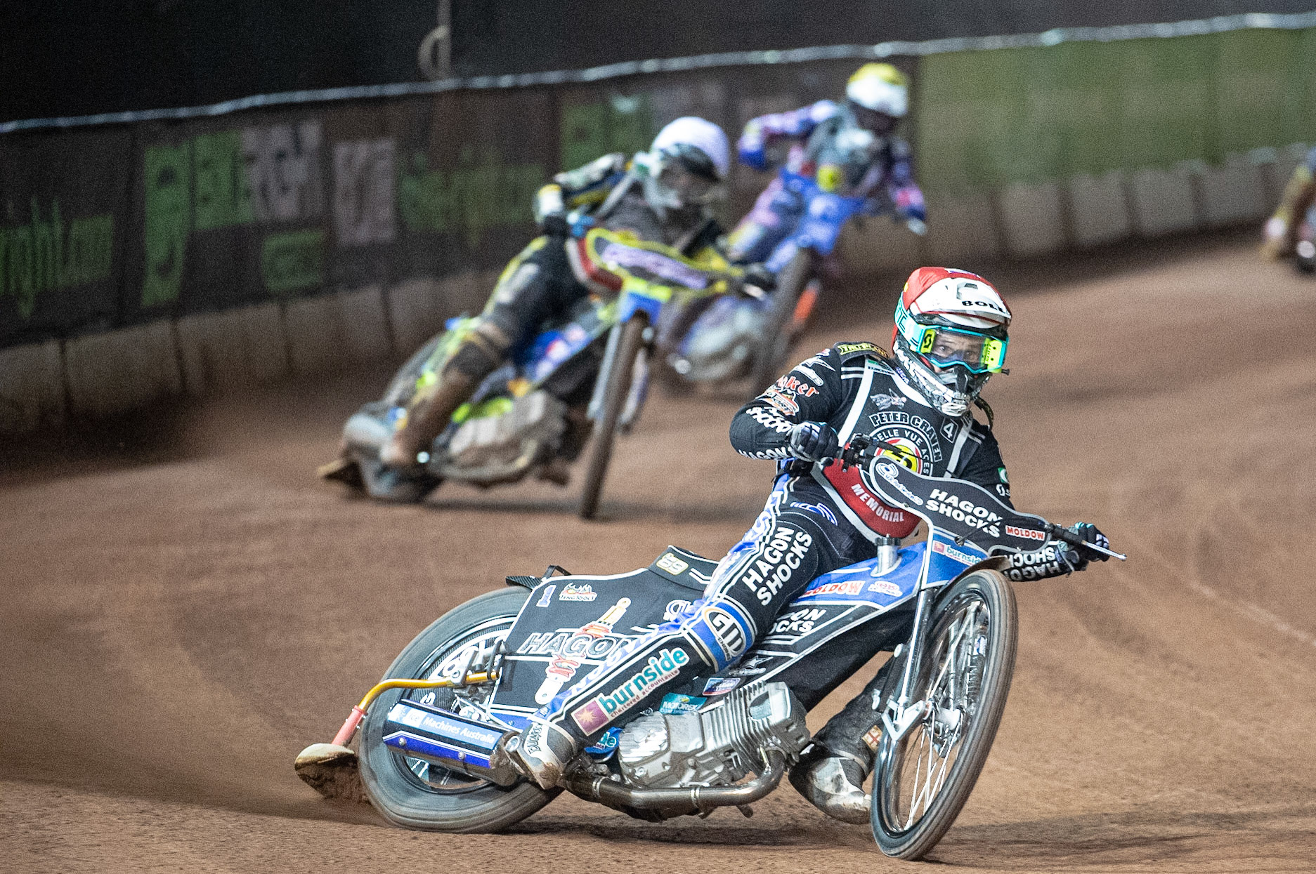 Photo: Ian CharlesJason Doyle (Red) leads Troy Batchelor (White) and Lewis Kerr (Yellow)Peter Craven Memorial Trophy, National Speedway Stadium, Manchester Thursday  22  October  2020