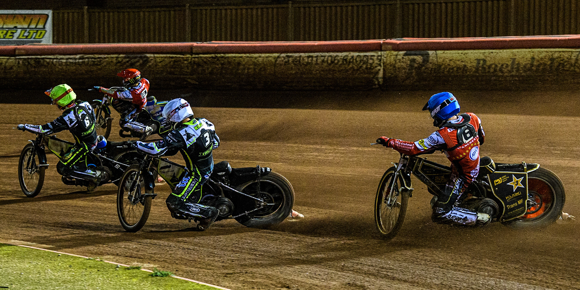 Norick Blodorn (Blue) chases Danny King (White), Keynan Rew (Yellow) and Jaimon Lidsey  (Red) during the Sports Insure Premiership Semi Final Playoff 2nd leg match between Belle Vue Aces and Ipswich Witches at the National Speedway Stadium, Manchester on Monday 25th September 2023. (Photo: Ian Charles | MI News)