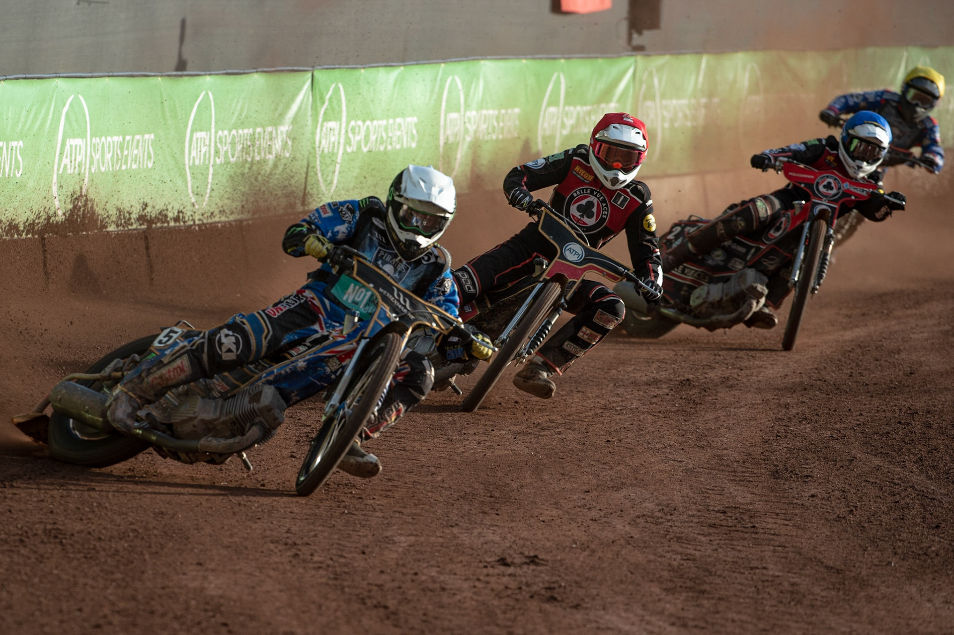 Photo by Ian Charles

Jack Holder  (White) leads Max Fricke  (Red) and Jaimon Lidsey  (Blue) with Jye Etheridge  (Yellow) behind

Belle Vue Aces v Poole Pirates, British Speedway Premiership, Belle Vue National Speedway Stadium, Manchester, Monday 1  July  2019