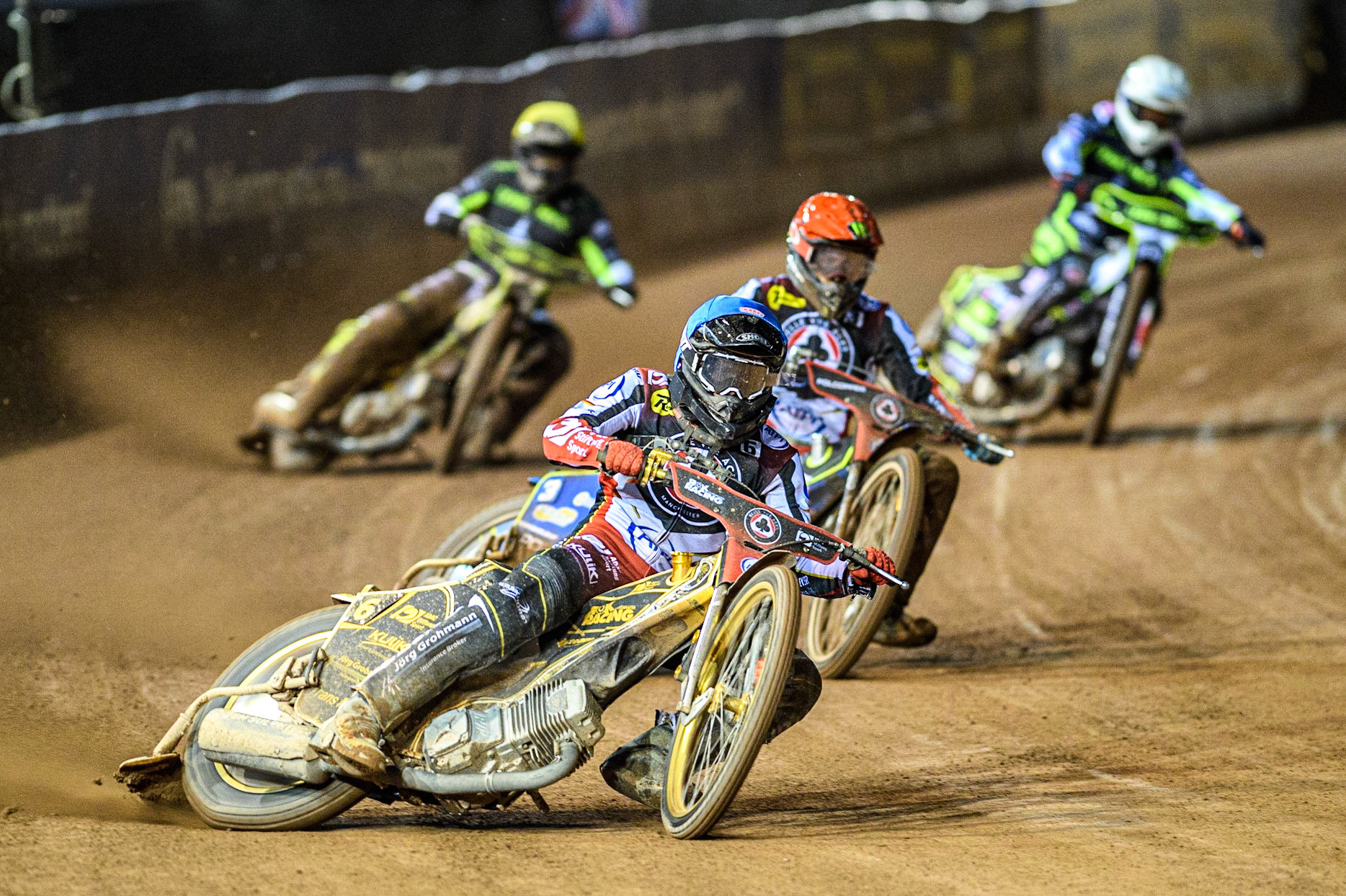 Norick Blodorn (Blue) leads  Jaimon Lidsey  (Red), Emil Sayfutdinov  (White) and Erik Riss (Yellow) during the Sports Insure Premiership Semi Final Playoff 2nd leg match between Belle Vue Aces and Ipswich Witches at the National Speedway Stadium, Manchester on Monday 25th September 2023. (Photo: Ian Charles | MI News)