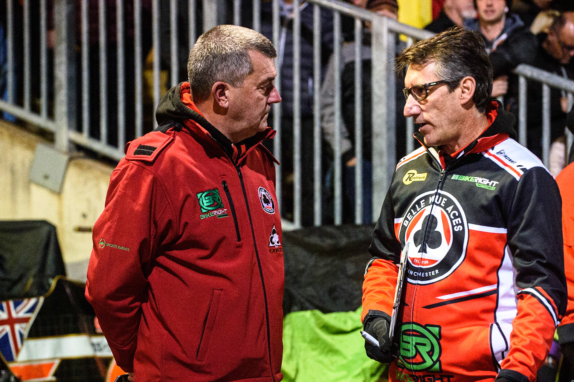 SHEFFIELD, UK. OCT 4THBelle Vue BikeRight Aces  CEO Adrian Smith (left) with Mark Lemon  during the SGB Premiership Semi Final Playoff 1st Leg between Sheffield Tigers and Belle Vue Aces at Owlerton Stadium, Sheffield on Monday 4th October 2021. (Credit: Ian Charles | MI News)
