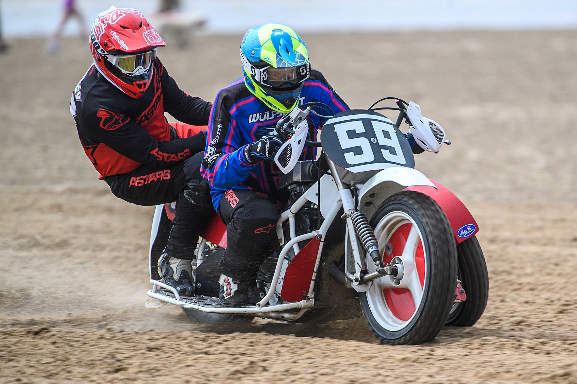Steve Adams &amp; Jonny Childs (59) in practice during the Fylde ACU British Sand Racing Masters Championship at  St Annes on Sea, Lancashire on Sunday 30th July 2023. (Photo: Ian Charles | MI News)
