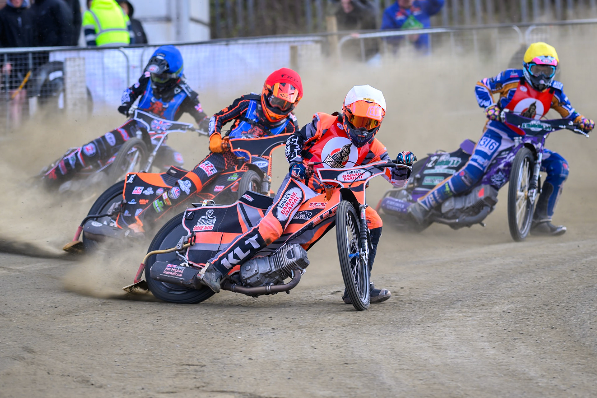 Connor Coles of NDL Nomads   in White leading Jack Smith of Buxton Bulls   in Red, Jack Shimelt of Buxton Bulls   in Blue and Sam Woods of NDL Nomads    in Yellow during the  Challenge match between Buxton Bulls and NDL Nomads at Hi-Edge Speedway, Buxton on Sunday 19th April 2026. (Photo: Ian Charles | MI News)