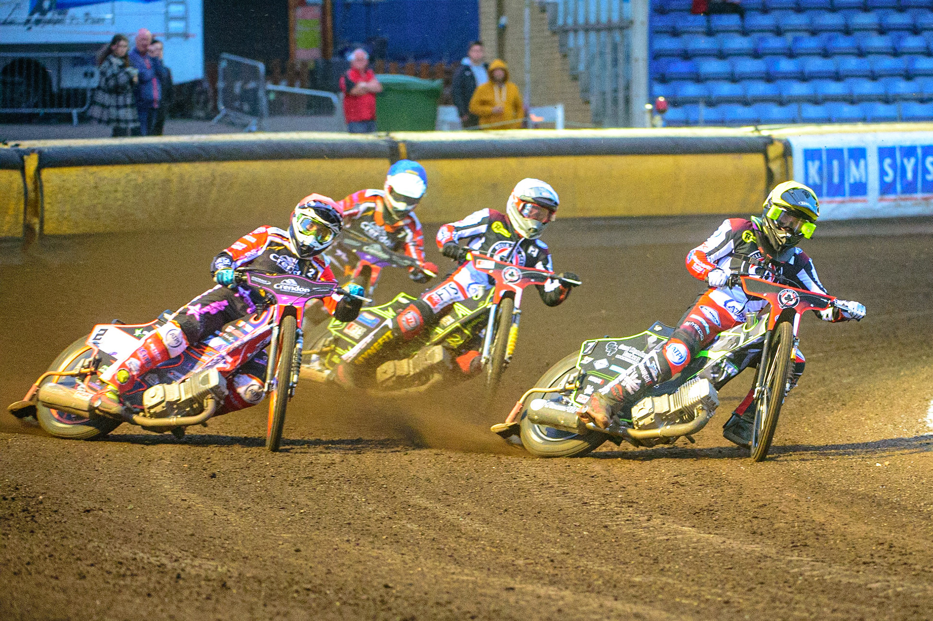 PETERBOROUGH, UK. MAY 9TH  Tom Brennan  (Yellow) leads Scott Nicholls  (Red) Jye Etheridge  (White) and Jordan Palin  (Blue) during the SGB Premiership match between Peterborough Panthers and Belle Vue Aces at East of England Showground, Peterborough on Monday 9th May 2022. (Credit: Ian Charles | MI News)
