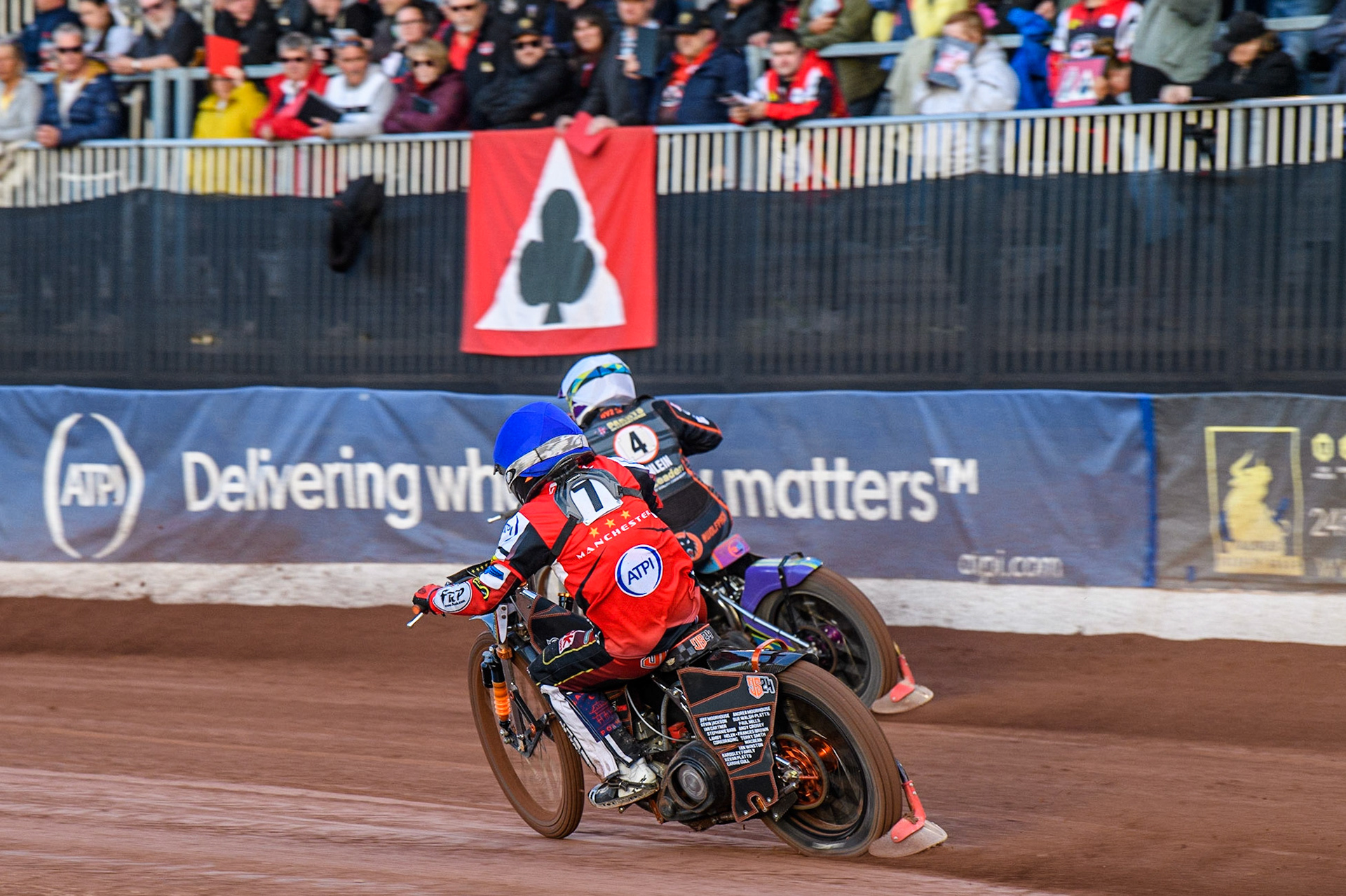 Jack Smith (Blue) chases Rory Schlein (White) during the Sports Insure Premiership match between Belle Vue Aces and Wolverhampton Wolves at the National Speedway Stadium, Manchester on Monday 3rd July 2023. (Photo: Ian Charles | MI News)