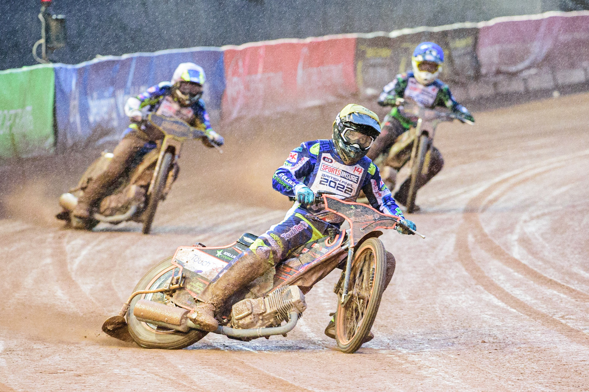 Scott Nicholls  (Yellow) leads Chris Harris  (White) and Charles Wright  (Blue) during the Sports Insure British Speedway Championship Final at the National Speedway Stadium, Bellevue, Manchester, England on Monday 1st August 2022. (Photo by: Ian Charles | MI News)