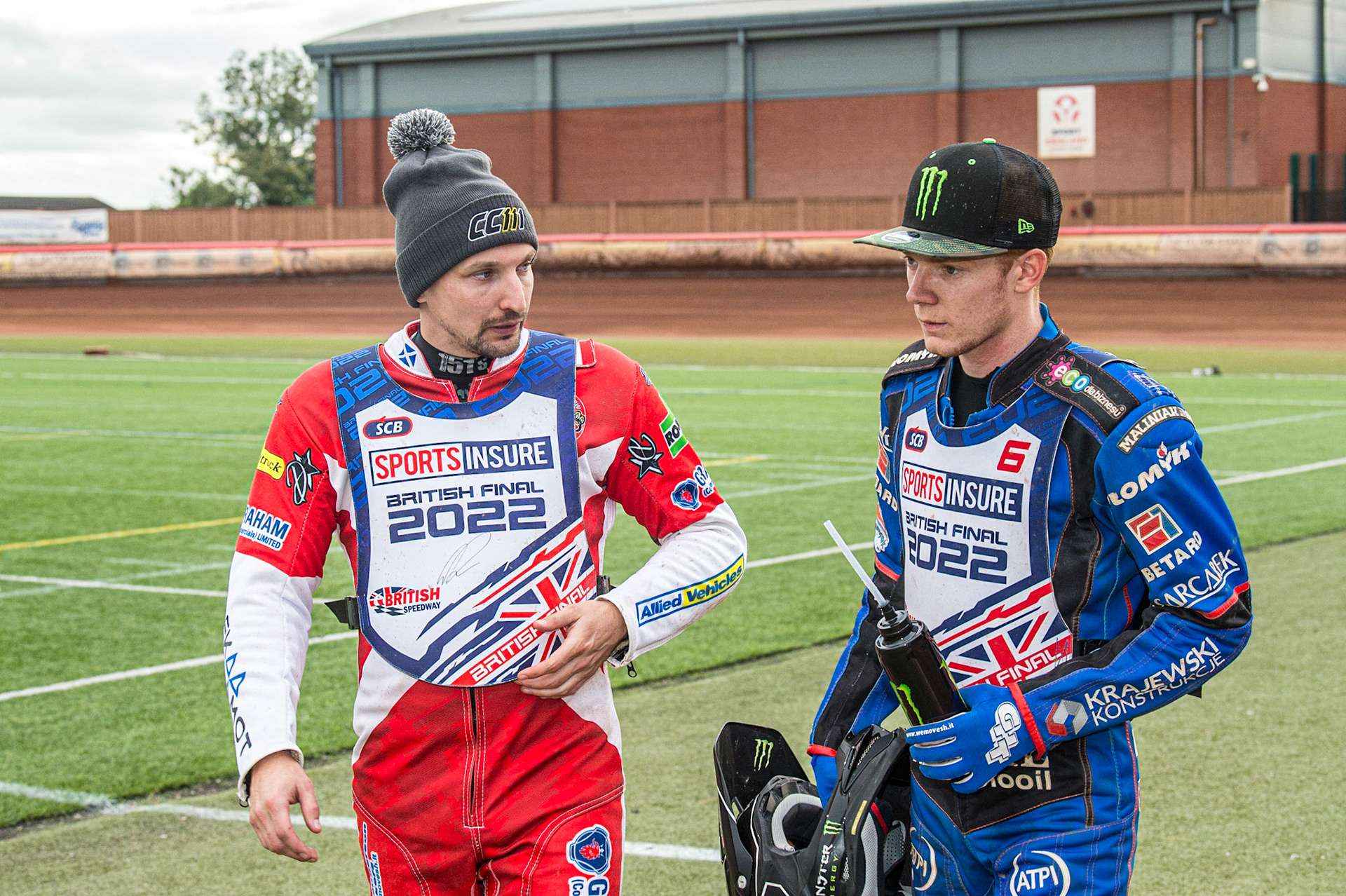 Craig Cook  \l during the Sports Insure British Speedway Final, at the National Speedway Stadium, Manchester, on Sunday 18th September 2022. (Credit: Ian Charles | MI News )e\ and Dan Bewley  wait for the presentation