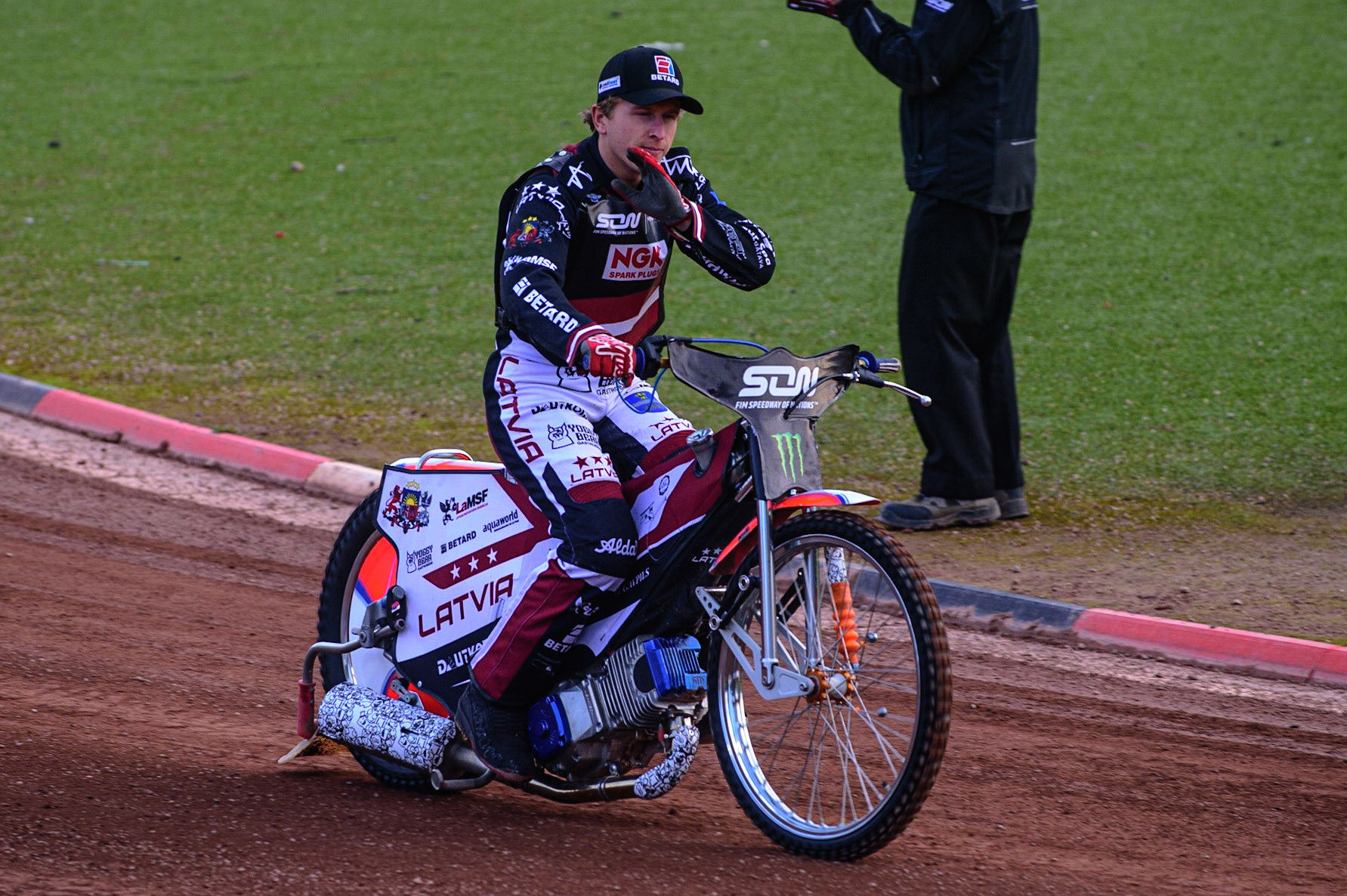 MANCHESTER, UK. OCT 16TH Andzejs Lebedevs of Latvia on the parade during the Monster Energy FIM Speedway of Nations at the National Speedway Stadium, Manchester on Saturday  16th October 2021. (Credit: Ian Charles | MI News)