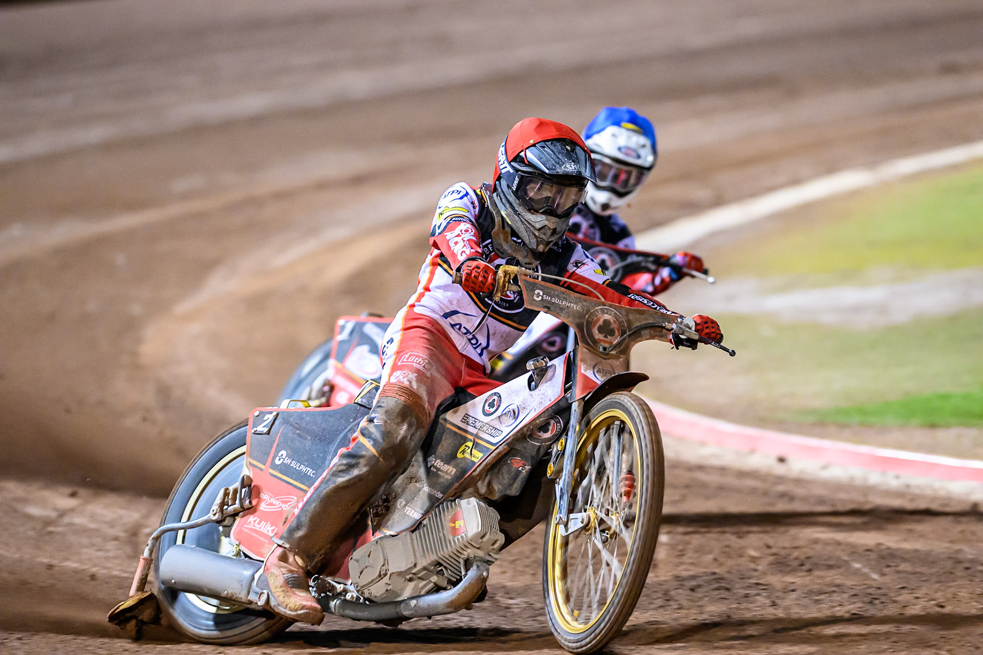 Norick Blödorn of Belle Vue Aces  in Red leading team mate Jake Mulford in Blue during the Rowe Motor Oil Premiership Play Off Semi Final 1 (1st Leg)  between Belle Vue Aces and Ipswich Witches at the National Speedway Stadium, Manchester on Monday 8th September 2025. (Photo: Ian Charles | MI News)