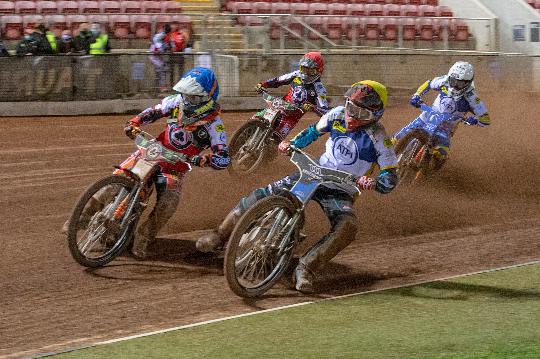 Photo: Ian CharlesJosh MacDonald of the 'ATPI' All Stars (Yellow) inside Jordan Palin of Belle Vue 'BikeRight' Aces (Blue) with Lewis Kerr of the 'ATPI' All Stars (White) and Jye Etheridge of Belle Vue 'BikeRight' Aces  (Red) chasingBelle Vue ‘Bikerite ’Aces v ‘ATPI’ All Stars, Premiership Challenge, National Speedway Stadium, Manchester Thursday  24  September  2020