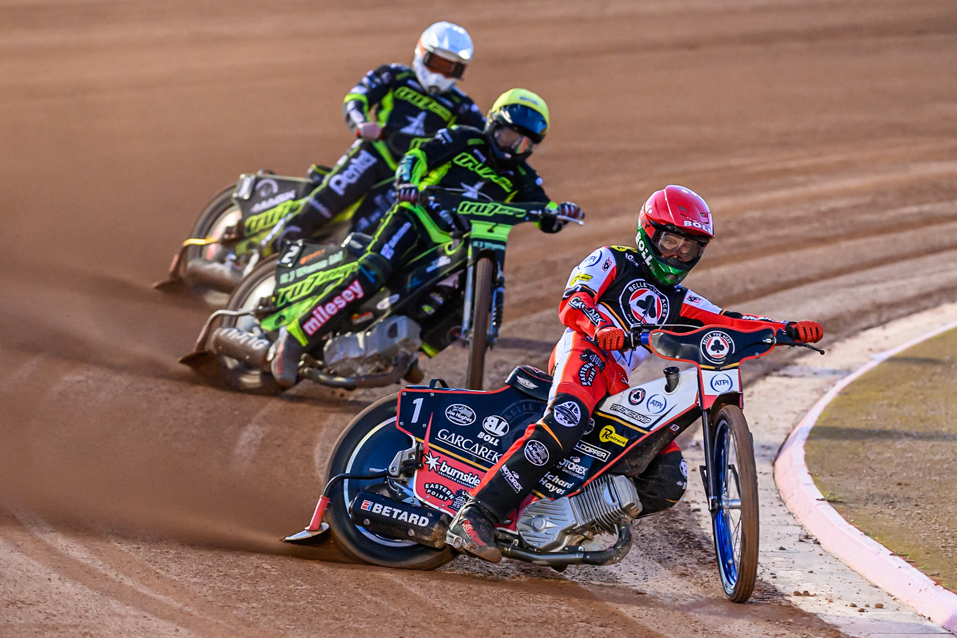 Brady Kurtz of Belle Vue Aces in Red leading Danny King of Ipswich Witches  in Yellow and Emil Saifutdinov of Ipswich Witches  in White during the Rowe Motor Oil Premiership Play Off Semi Final 1 (1st Leg)  between Belle Vue Aces and Ipswich Witches at the National Speedway Stadium, Manchester on Monday 8th September 2025. (Photo: Ian Charles | MI News)