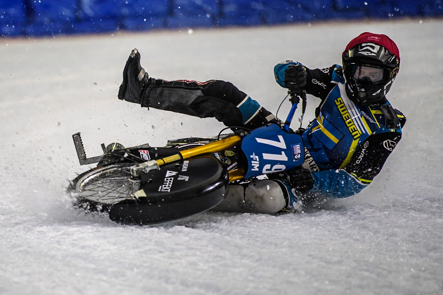 Filip Jäger (719) of Sweden in Red loses control of his bike in the re-run of Heat 17 during the FIM Ice Speedway Gladiators World Championship, Final 4 at the Ice Stadium, Thialf, Heerenveen on Sunday 6th April 2025. (Photo: Ian Charles | MI News)