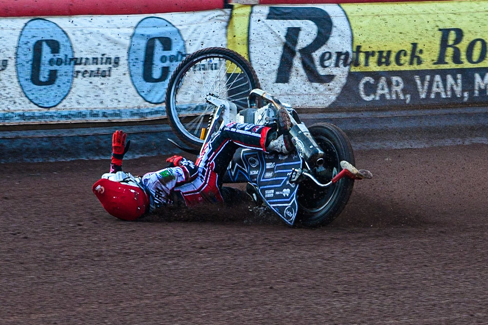 MANCHESTER, UK. JULY 23RD Sam McGurk   spins off during the National Development League match between Belle Vue Colts and Eastbourne Seagulls at the National Speedway Stadium, Manchester on Friday 23rd July 2021. (Credit: Ian Charles | MI News)