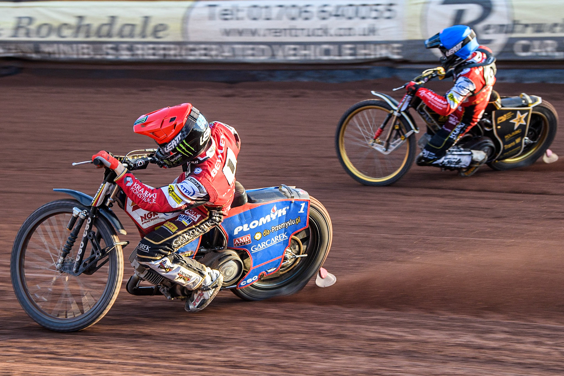 Dan Bewley (Red) inside team mate Norick Blodorn (Blue) during the Sports Insure Premiership match between Belle Vue Aces and Wolverhampton Wolves at the National Speedway Stadium, Manchester on Monday 3rd July 2023. (Photo: Ian Charles | MI News)
