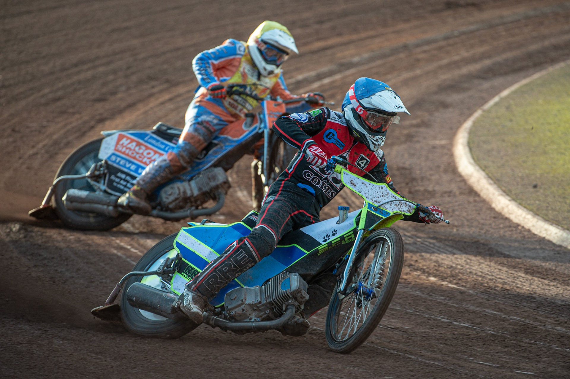 Photo: Ian Charles

Ben Rathbone  (Blue) leads Danno Verge  (Yellow)

Belle Vue Colts v Isle Of Wight Warriors, SGB National League KO Cup Quarter Final 1st Leg, Belle Vue National Speedway Stadium, Manchester, Monday 22  July  2019