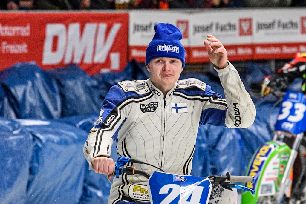 Finland's Max Koivula (24)  during the FIM Ice Speedway Gladiators World Championship Final 1 at the Max-Aicher-Arena, Inzell on Saturday 23 March 2024. (Photo: Ian Charles | MI News)
