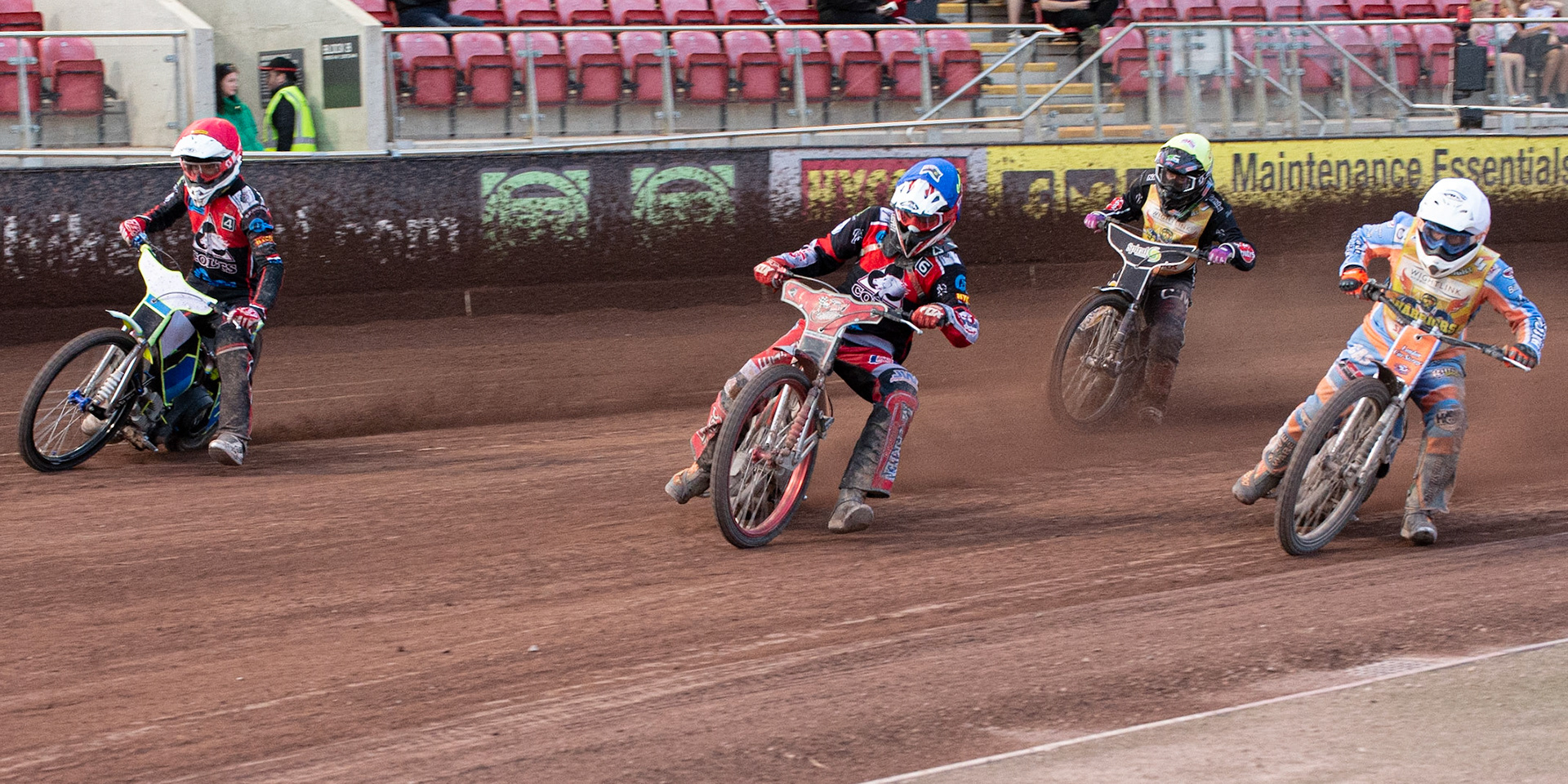 Photo: Ian Charles

Ben Rathbone  (Red) outside Connor Bailey  (Blue) and Danno Verge  (White) with Connor King  (Yellow) behind

Belle Vue Colts v Isle Of Wight Warriors, SGB National League KO Cup Quarter Final 1st Leg, Belle Vue National Speedway Stadium, Manchester, Monday 22  July  2019