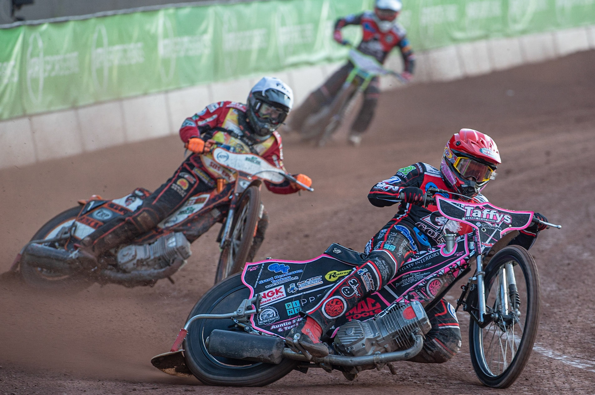 Photo: Ian Charles

Leon Flint  (Red) leads Jack Smith  (White) and Ben Rathbone  (Blue) 

Belle Vue Colts v Isle Of Wight Warriors, SGB National League KO Cup Quarter Final 1st Leg, Belle Vue National Speedway Stadium, Manchester, Monday 22  July  2019
