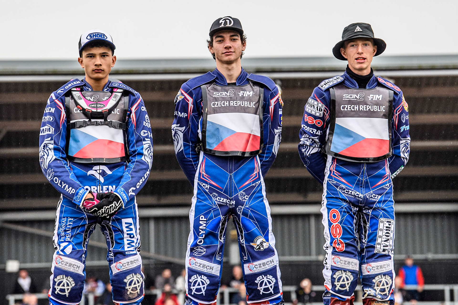 CZECH REPUBLIC (L to R) Adam Bubba Bednar, Jan Jenicek and Matous Kamenik during the Monster Energy FIM Speedway of Nations 2 (Under 21) Final at the National Speedway Stadium, Manchester on Friday 12th July 2024. (Photo: Ian Charles | MI News)