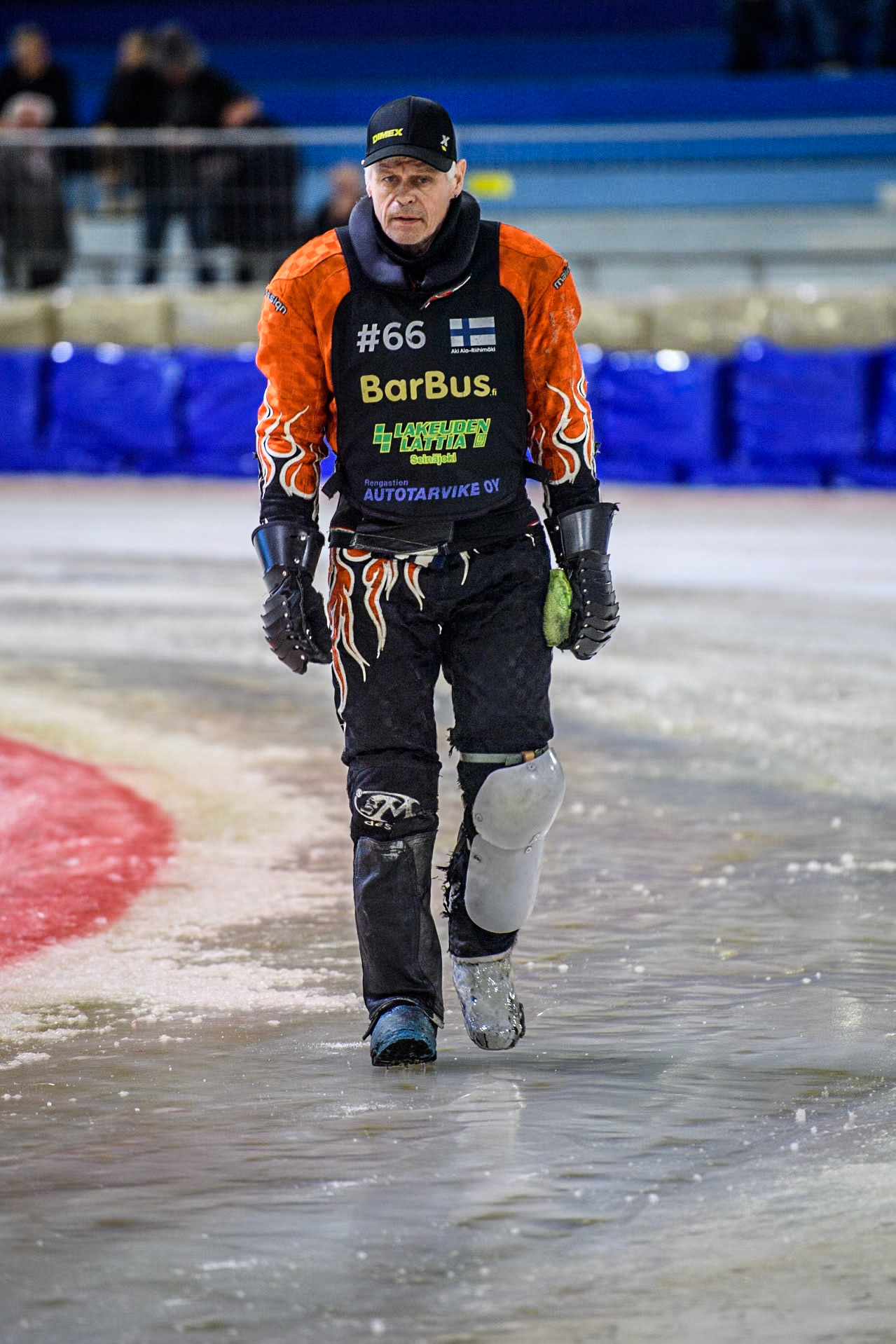 Finland's Aki Ala-Riihimäki inspects the track on the first turn during the FIM Ice Speedway Gladiators World Championship Final 4 at Ice Rink Thialf, Heerenveen on Sunday 7th April 2024. (Photo: Ian Charles | MI News)