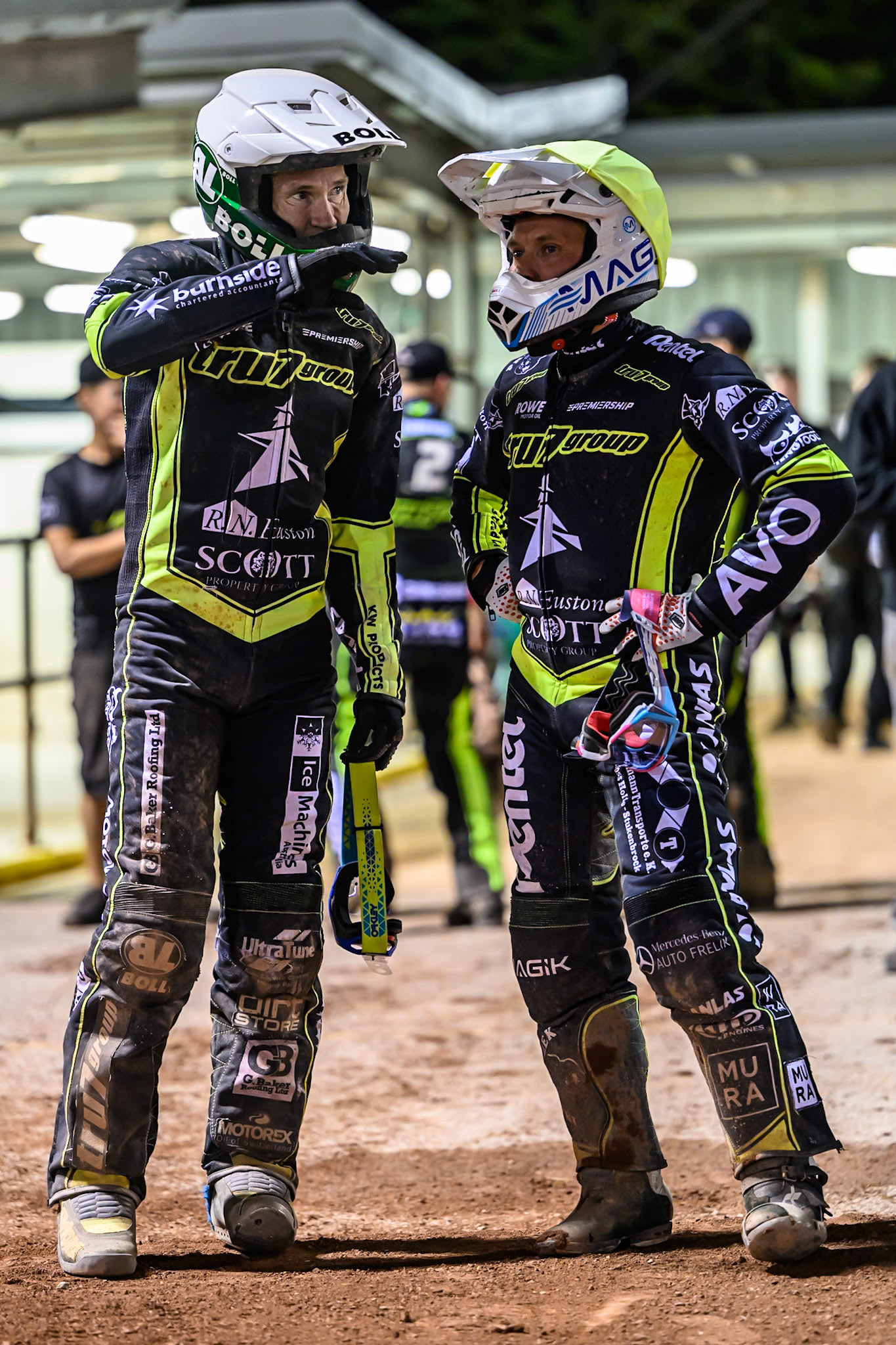 Jason Doyle of Ipswich Witches  (Left) discusses tactics with Emil Saifutdinov of Ipswich Witches  during the Rowe Motor Oil Premiership Play Off Semi Final 1 (1st Leg)  between Belle Vue Aces and Ipswich Witches at the National Speedway Stadium, Manchester on Monday 8th September 2025. (Photo: Ian Charles | MI News)