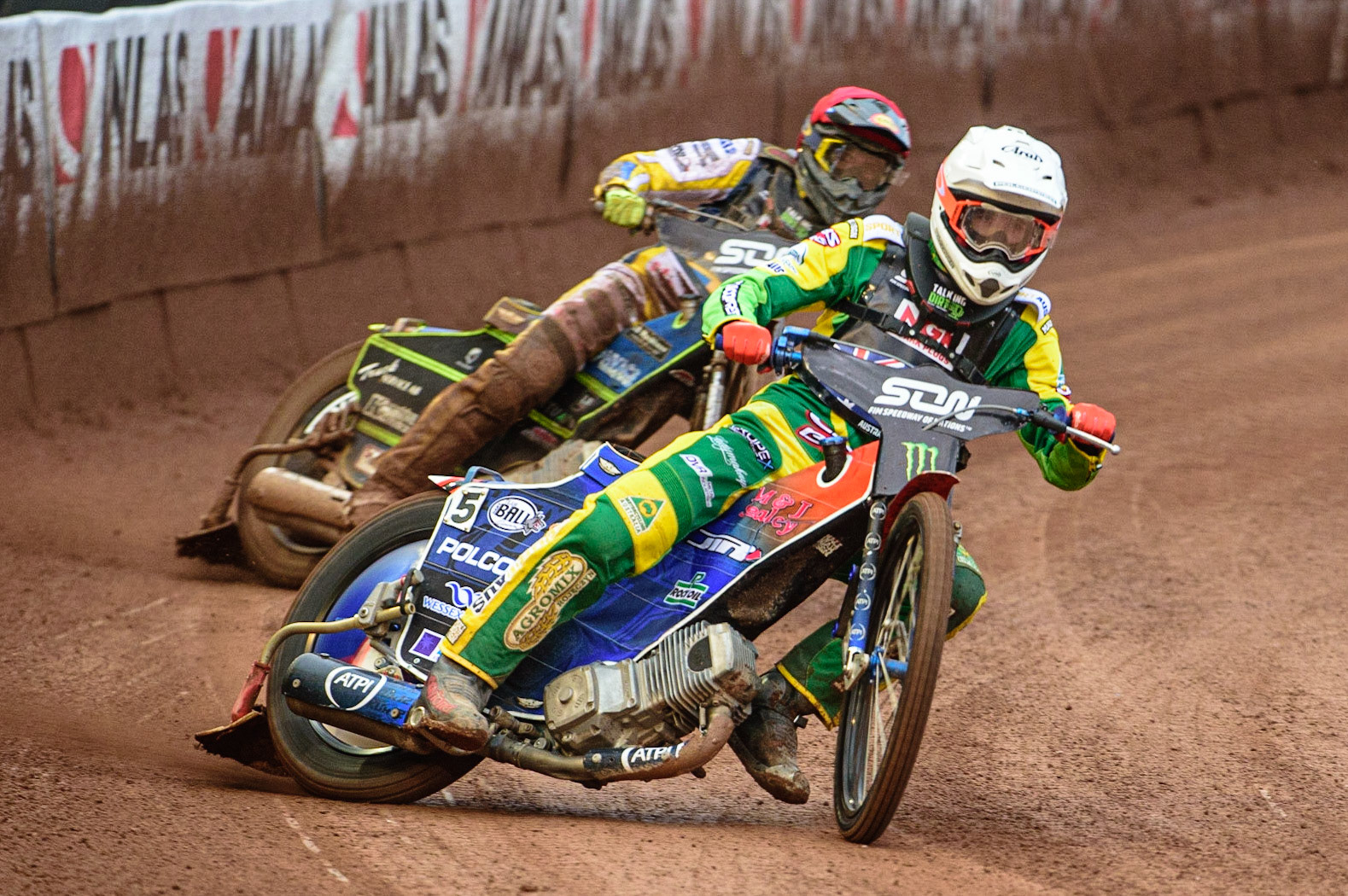MANCHESTER, UK. OCT 17TH Keynan Rew of Australia (White) leads Philip Hellström-Bangs of Sweden (Red) during the Monster Energy FIM Speedway of Nations at the National Speedway Stadium, Manchester on Sunday  17th October 2021. (Credit: Ian Charles | MI News)