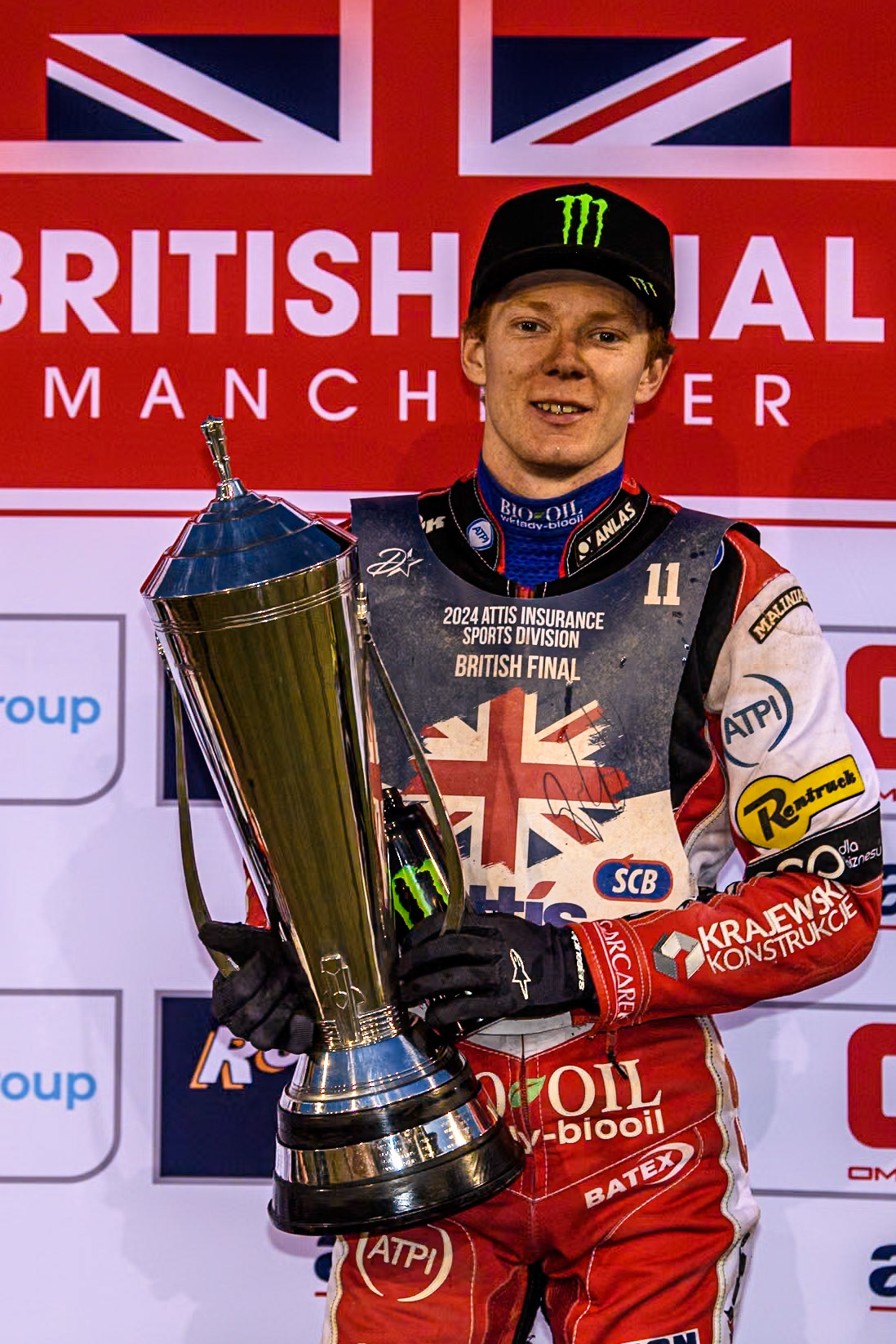 Dan Bewley with the trophy during the Attis Insurance Sports Division British Speedway Championship Final at the National Speedway Stadium, Manchester on Saturday 8th June 2024. (Photo: Ian Charles | MI News)