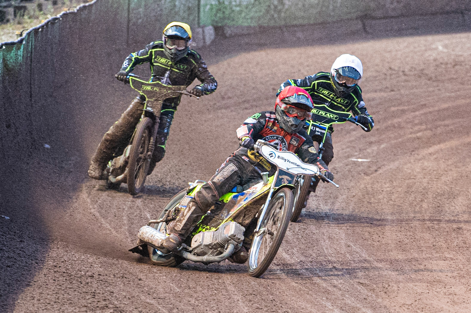 Photo by Ian Charles

Kenneth Bjerre  leads Danny King  (White) and Cameron Heeps (Yellow)

Belle Vue Aces v Ipswich Witches, British Speedway Premiership, Belle Vue National Speedway Stadium, Manchester, Monday 8  July  2019