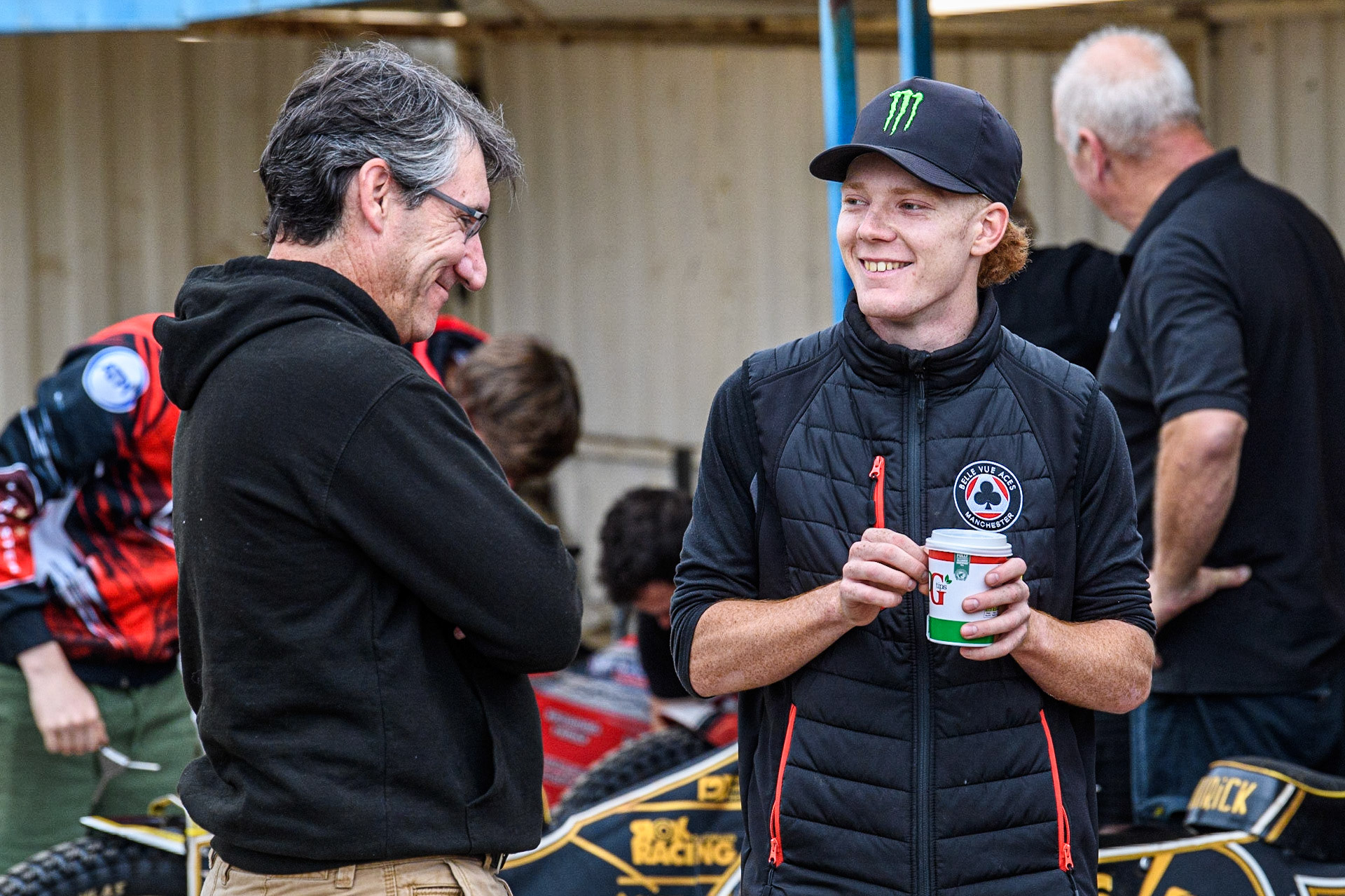 Aces’ Team Manager Mark Lemon  (Left) with Dan Bewley during the Sports Insure Premiership match between King's Lynn Stars and Belle Vue Aces at the Adrian Flux Arena, King's Lynn on Thursday 24th August 2023. (Photo: Ian Charles | MI News)