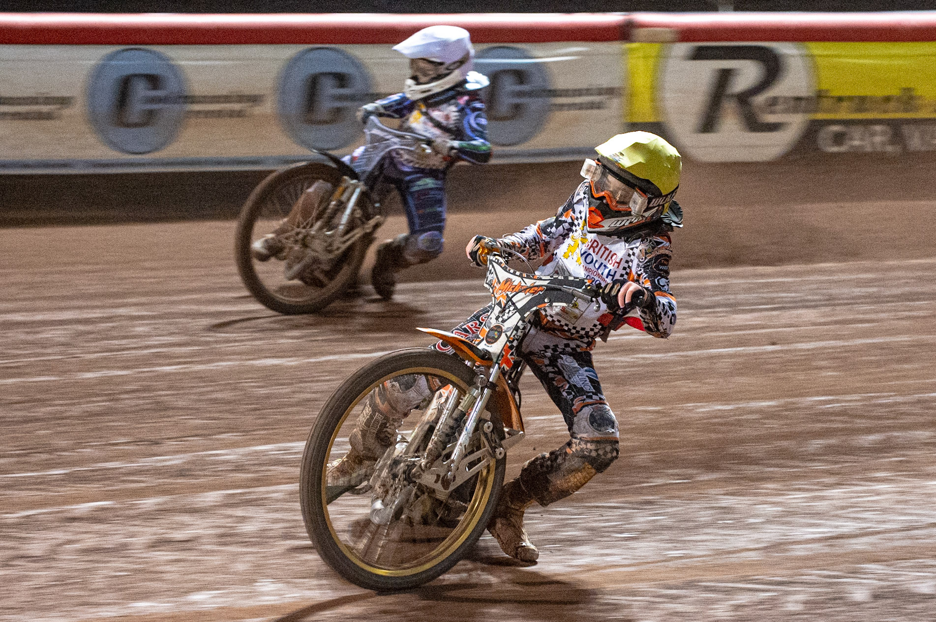 Photo: Ian CharlesMickey Simpson (Yellow) inside Sam McGurk (White) (500cc A Class)British Youth Speedway Championship (Round 5), National Speedway Stadium, Manchester Saturday  10  October  2020