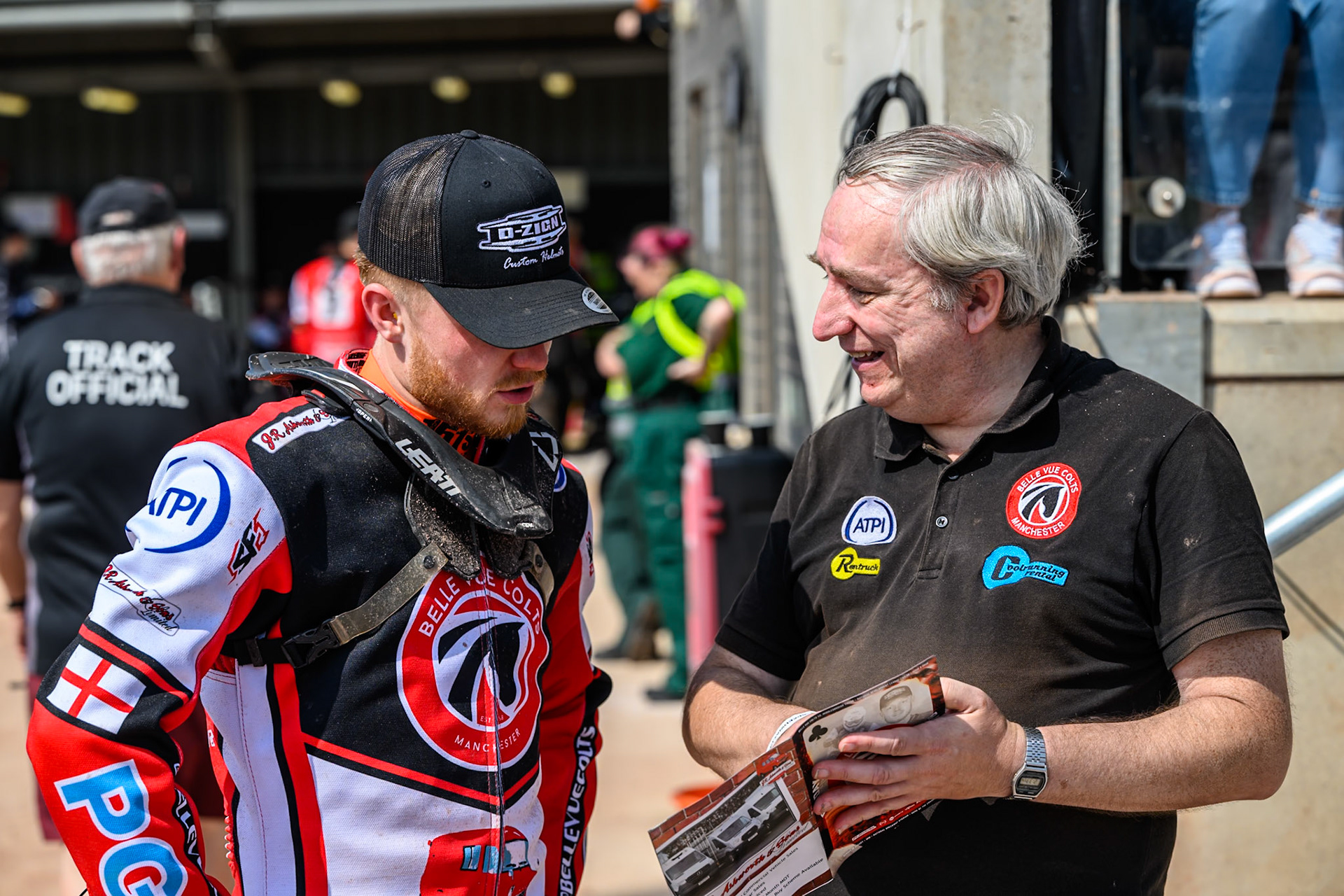 Jack Shimelt of Belle Vue Colts  (Left) with Graham Goodwin, Joint Team manager of Belle Vue Colts during the WSRA National Development League match between Belle Vue Colts and Middlesbrough Tigers at the National Speedway Stadium, Manchester on Sunday 10th August 2025. (Photo: Mark Fletcher | MI News)