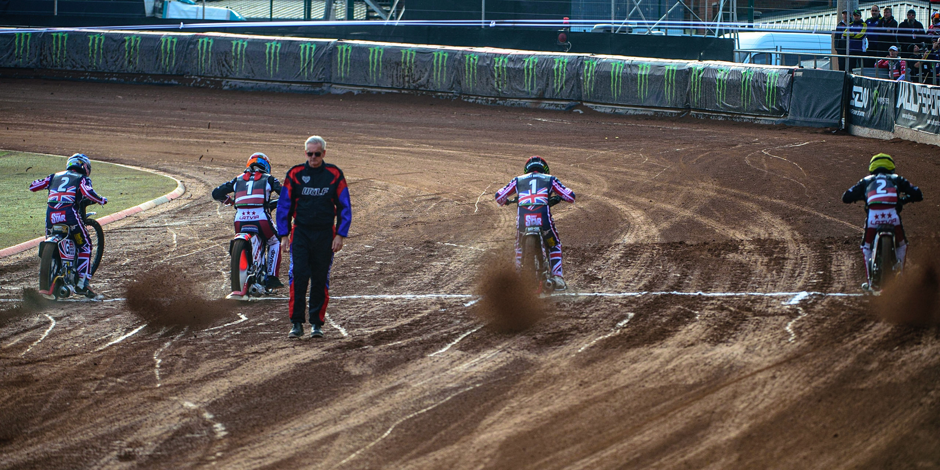 MANCHESTER, UK. OCT 16TH The start of the opening heat: (l-r) Robert Lambert of Great Britain (Blue), Andzejs Lebedevs of Latvia (White), Tai Woffinden of Great Britain (Red) and Olegs Mijailovs of Latvia (Yellow) during the Monster Energy FIM Speedway of Nations at the National Speedway Stadium, Manchester on Saturday  16th October 2021. (Credit: Ian Charles | MI News)