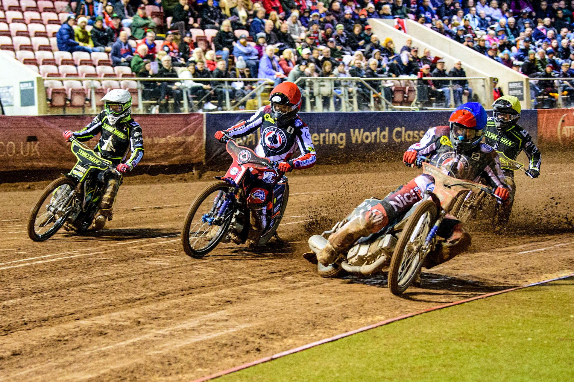 Matej Zagar (Yellow) and Brady Kurtz (White) lead Jason Doyle (White) with Erik Riss (Yellow) behind  during the Grant Henderson Pairs at the National Speedway Stadium, Manchester on Thursday 27th October 2022. (Credit: Ian Charles | MI NEWS)