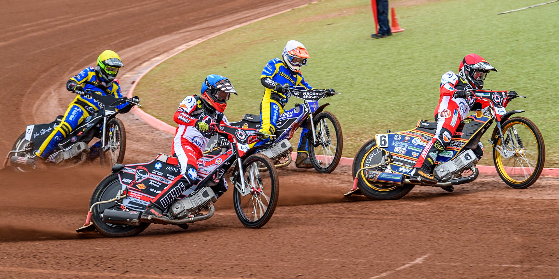 Belle Vue ATPI Aces Connor Mountain (Red) and Belle Vue ATPI Aces Connor Bailey  (Blue) lead Sheffield Tigers' Jason Edwards (White) and Sheffield Tigers' Dan Gilkes  (Yellow) during the Rowe Motor Oil Premiership KO Cup Quarter Final 1st Leg between Belle Vue Aces and Sheffield Tigers at the National Speedway Stadium, Manchester on Monday 1st April 2024. (Photo: Ian Charles | MI News)