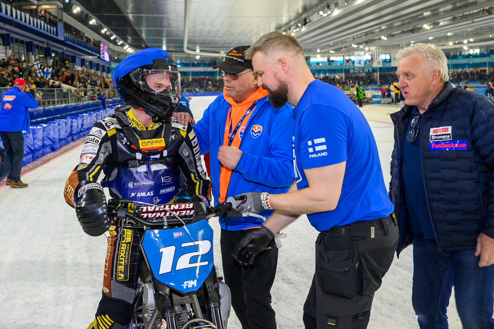 The Finnish support team with Heikki Huusko after they won the Final during the FIM Ice Speedway Of Nations at Ice Rink Thialf, Heerenveen on Sunday 12th April 2026. (Photo: Ian Charles | MI News)