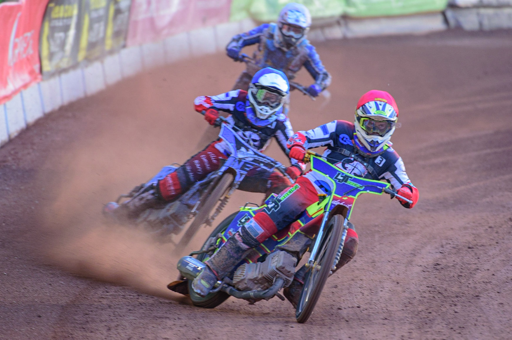 MANCHESTER, UK. MAY 27TH Nathan Ablitt  (Red) and Sam McGurk  (Blue) lead Danny Phillips   (White) during the National Development League match between Belle Vue Colts and Armadale Devils at the National Speedway Stadium, Manchester on Friday 27th May 2022. (Credit: Ian Charles | MI News)